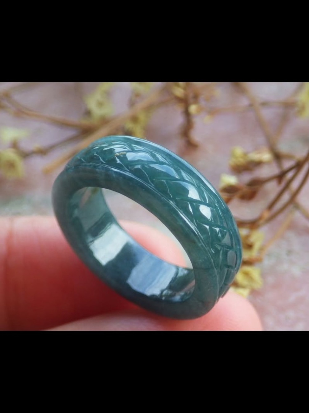 Certificate Jadeite Jade Good fortune joy luck Green carved link ring size5.5